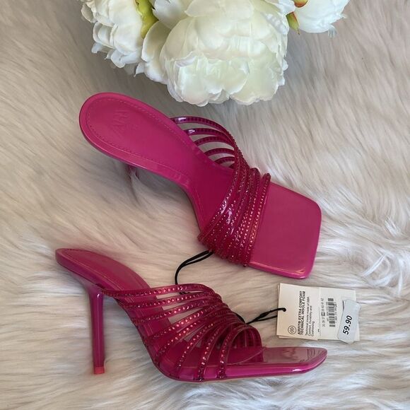 Zara Discounted Vinyl Pink Rhinestone Squared Toe High Heels Dress Sandals Shoes - Picture 11 of 14